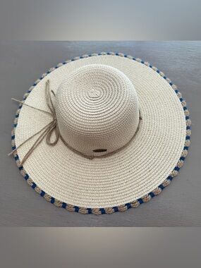 Panama Jack Women's Wide Brim Sun Hat Paper Straw Braid Blue Trim One Size OS